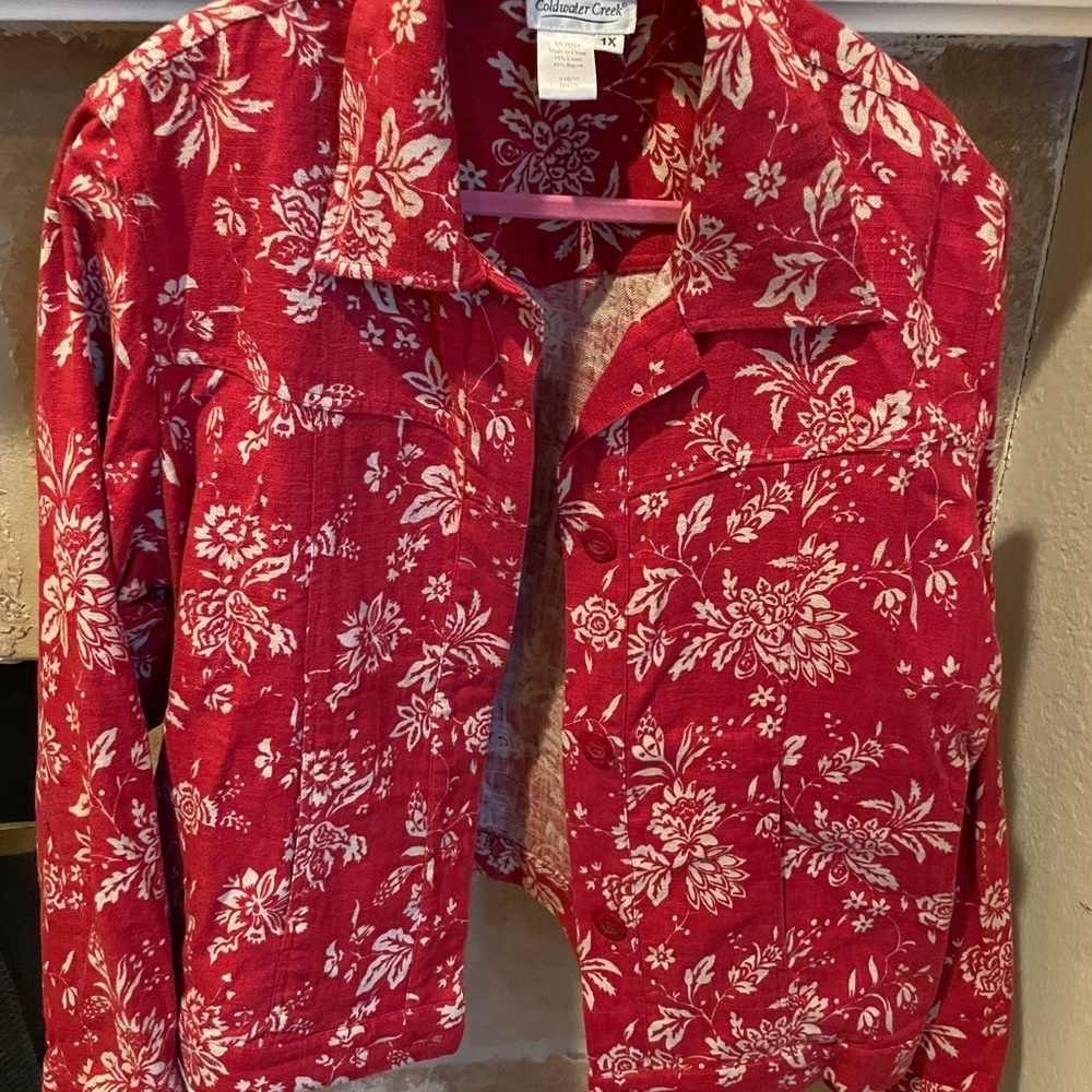 NWOT Coldwater Creek Linen Red White floral Jacket Pockets business Casual XL